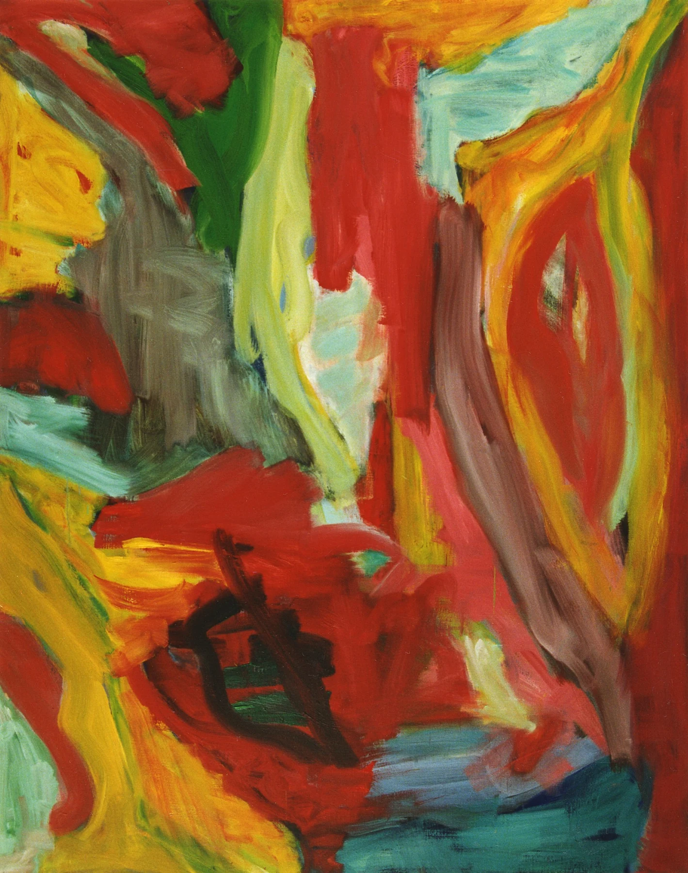 Fons Heijnsbroek 的现代抽象油画 Reds and Yellows,流动的红黄绿色笔触